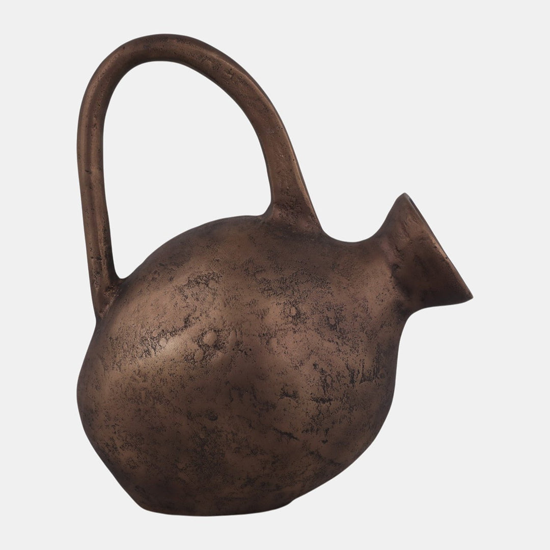 Rustic Metal Jug Vase in antiqued bronze with arched handle and angled spout - Whats New Furniture Portland OR