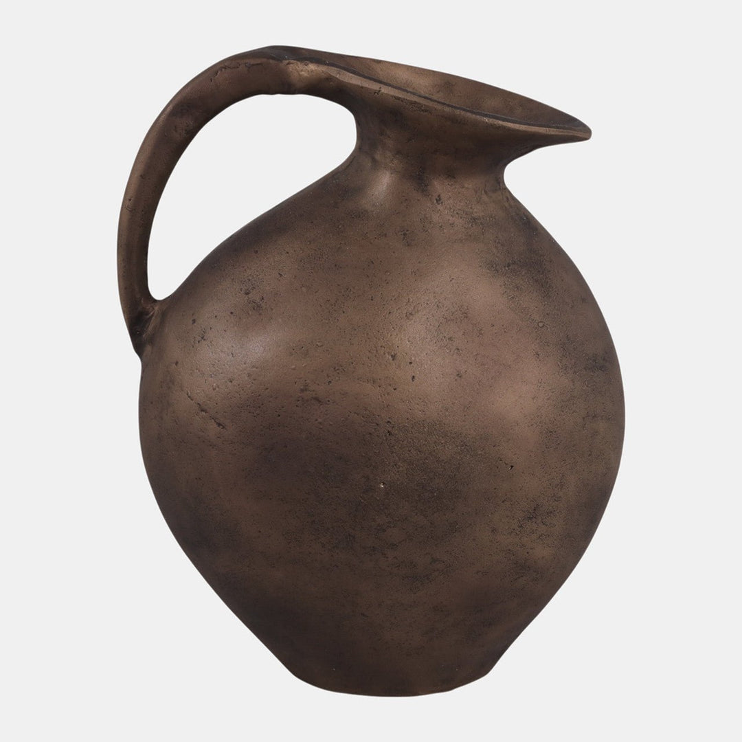 Rustic Metal Jug Vase in antiqued bronze with arched handle and angled spout detail view 1 - Whats New Furniture Portland OR