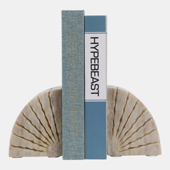 Semi Circle Onyx Marble Bookends with carved sunburst fan, pair detail view 1 - Whats New Furniture Portland OR