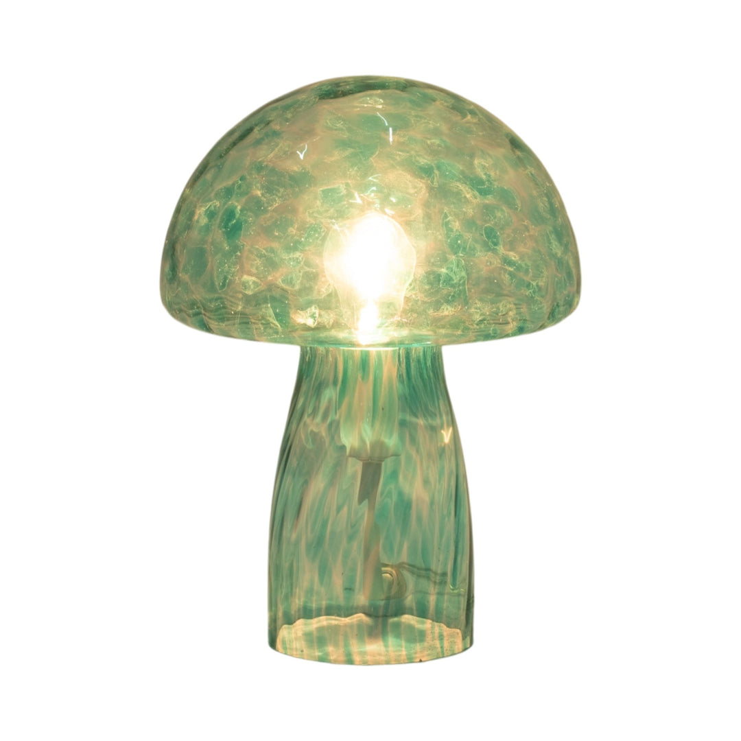 Spotted Glass Mushroom Table Lamp 11", Seafoam lit up - table lamp by Sagebrook Home - Whats New Furniture Portland OR