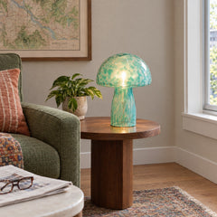 Spotted Glass Mushroom Table Lamp 11", Seafoam styled in a Portland living room - Whats New Furniture