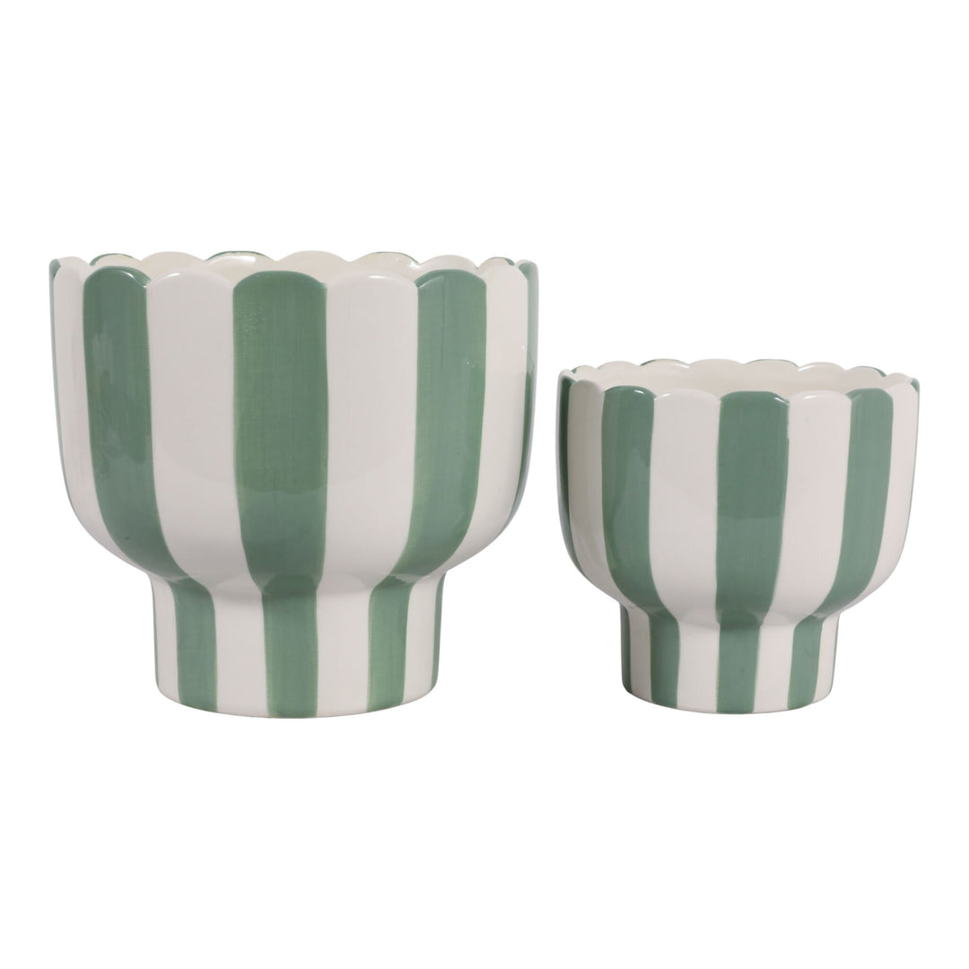 Green and white striped pedestal planters in two sizes, sold individually - Whats New Furniture Portland OR