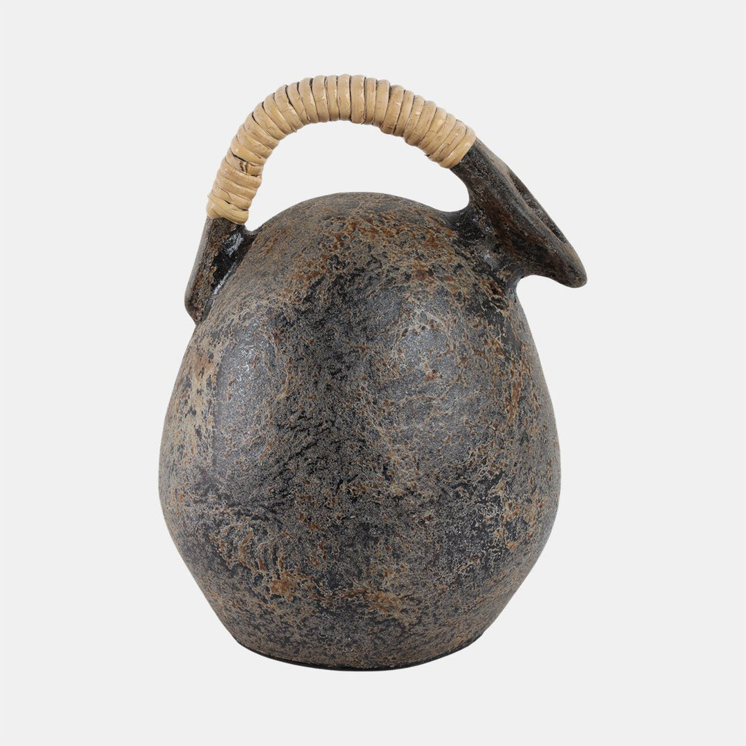 Terracotta Jug Vase with rattan-wrapped handle in mottled gray - Whats New Furniture Portland OR