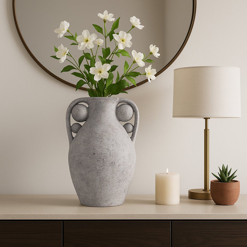 Terracotta Vase with Orbs Under Handles styled view - floor vase by Sagebrook Home - Whats New Furniture Portland OR