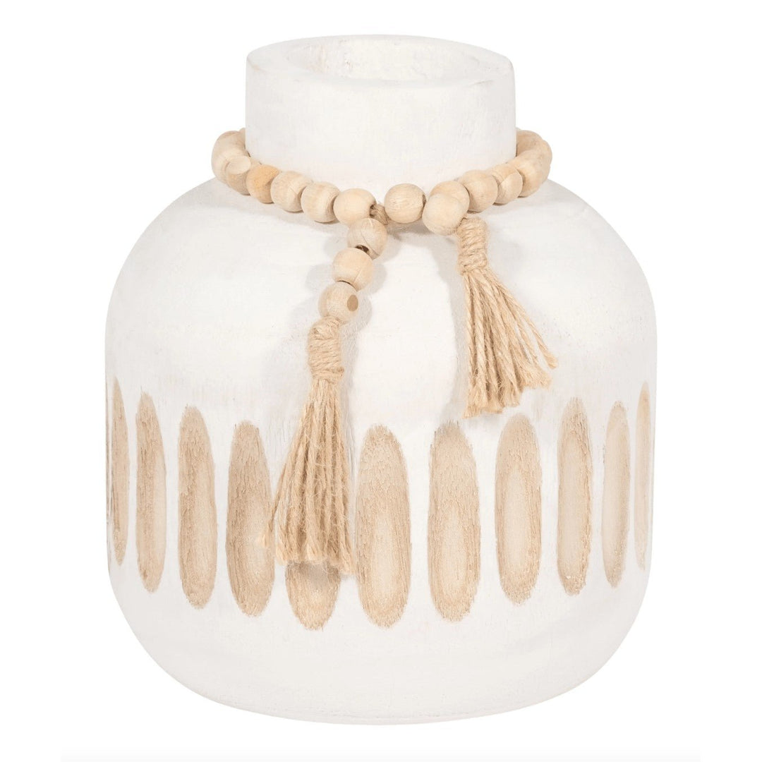 Wood 8" Round Ridged Vase With Tassels | What's New Furniture Portland