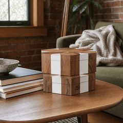 Wood inlay hexagon boxes styled on a Portland coffee table - Whats New Furniture