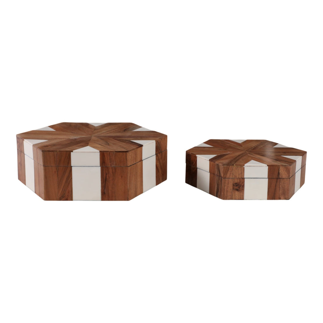 Wood inlay hexagon storage boxes set of 2 natural white - Sagebrook Home - Whats New Furniture Portland OR