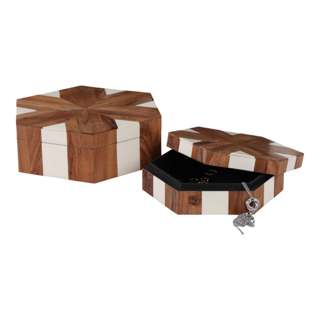 Wood inlay hexagon storage boxes set of 2 natural white - Sagebrook Home - Whats New Furniture Portland OR
