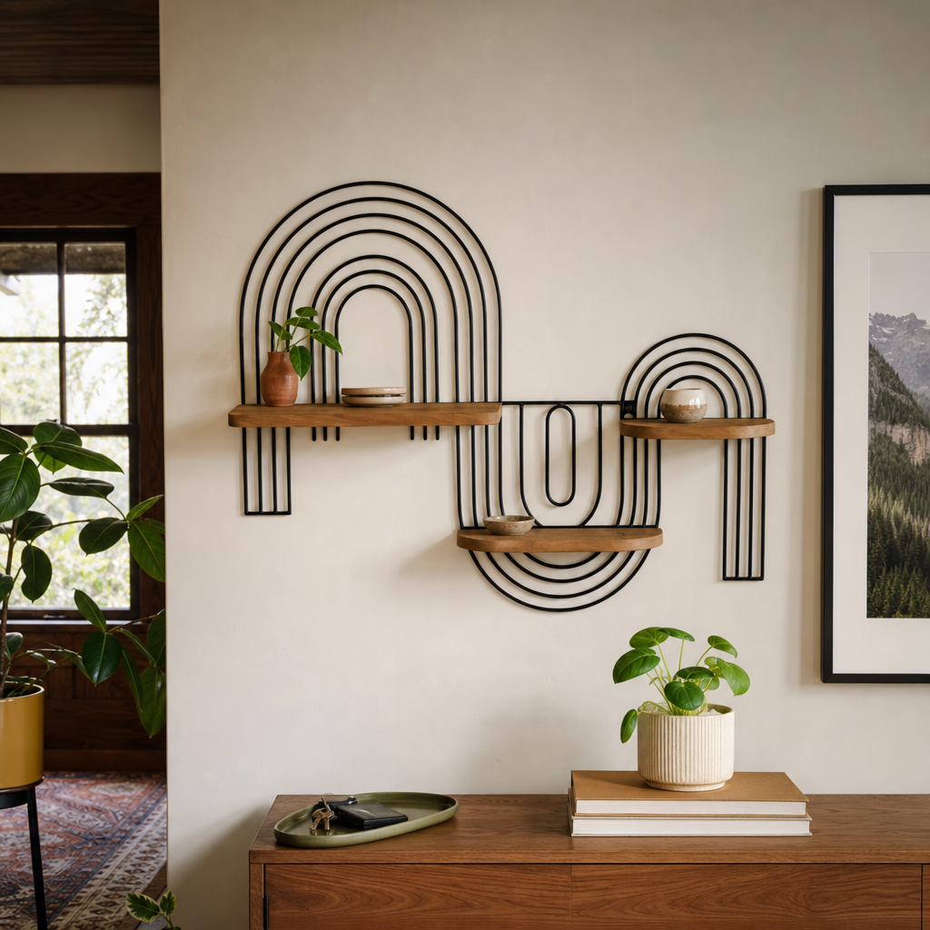 Loopy black metal wall shelf styled in a Portland entryway - Whats New Furniture