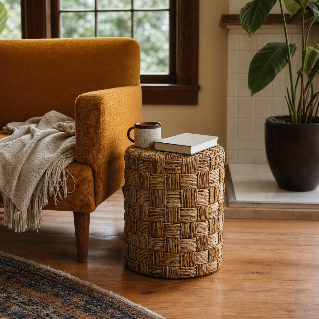 Pulap woven banana leaf stool styled in a Portland living room - Whats New Furniture