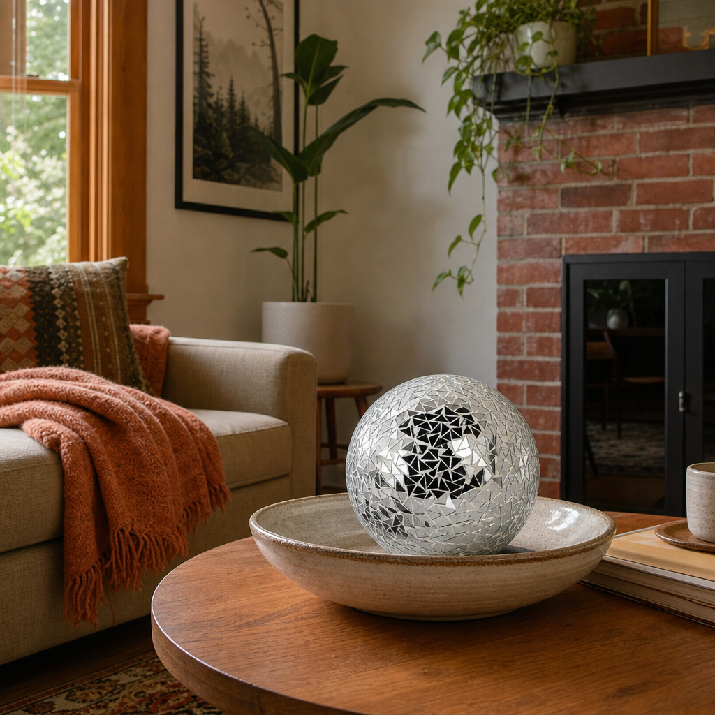 Silver mosaic orb styled on a Portland coffee table - Whats New Furniture