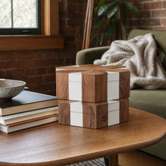 Wood inlay hexagon boxes styled on a Portland coffee table - Whats New Furniture