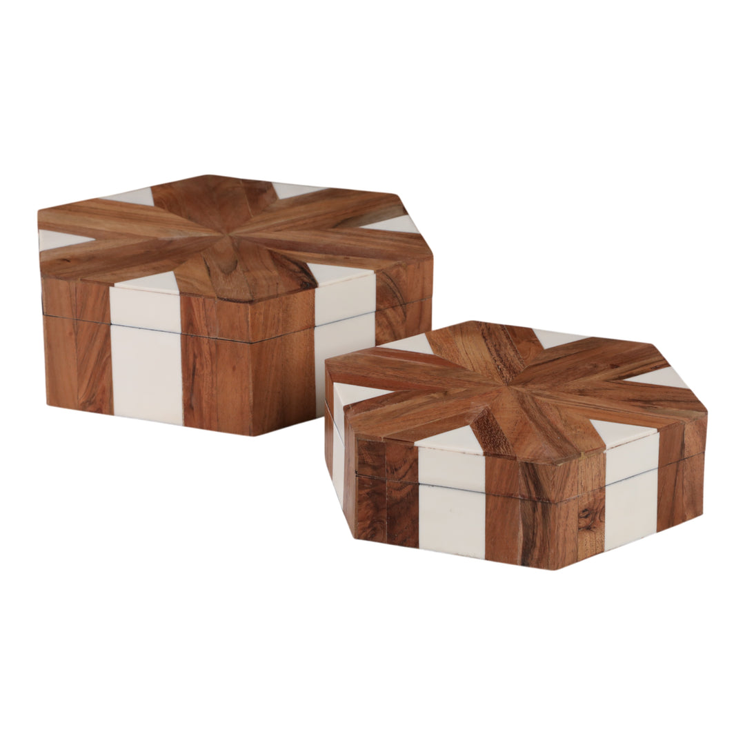 Wood inlay hexagon storage boxes set of 2 natural white - Sagebrook Home - Whats New Furniture Portland OR