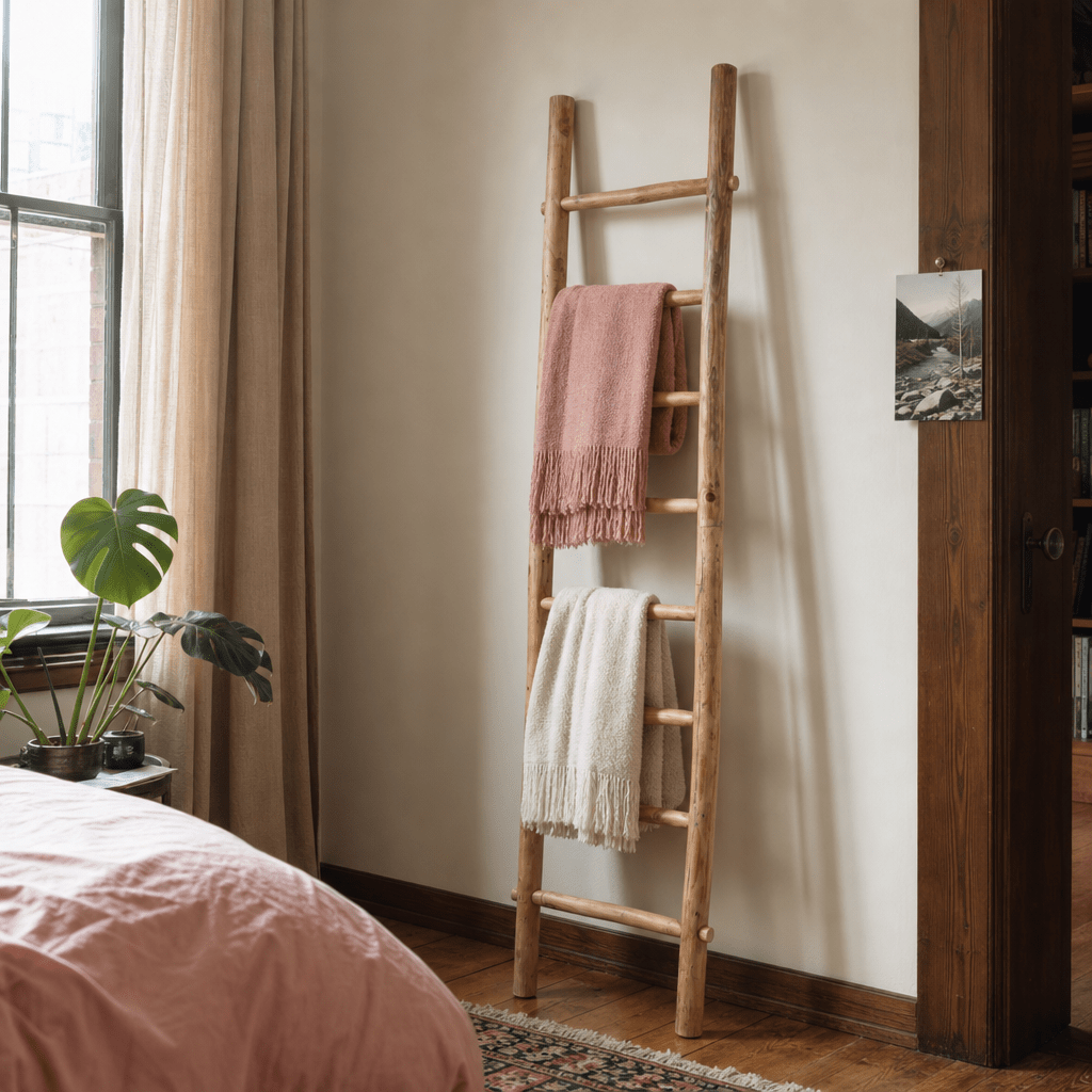 Teak blanket ladder with throws styled in a Portland bedroom - Whats New Furniture
