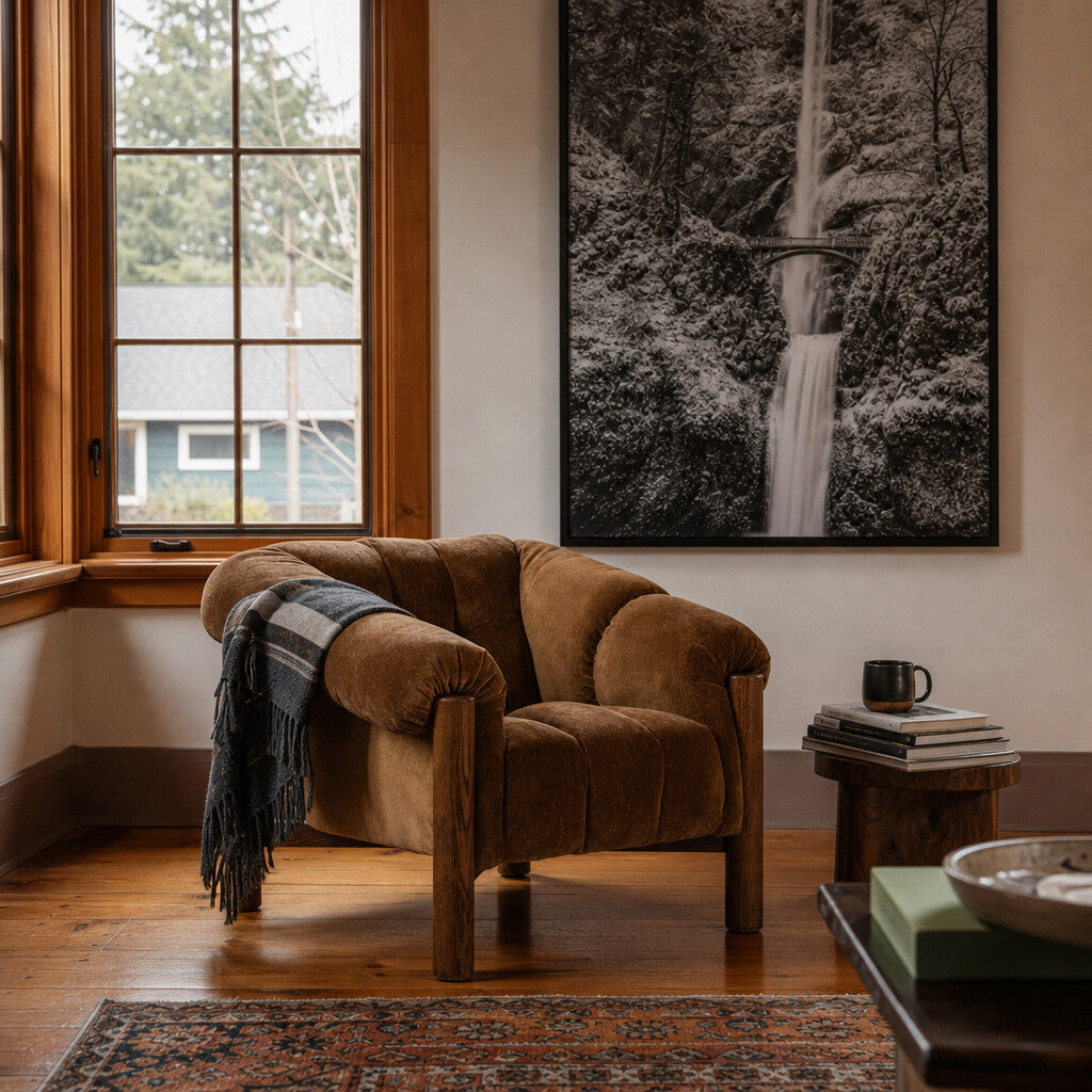 Sansa Accent Chair - Bronze in Bronze styled in a Portland living room - Whats New Furniture
