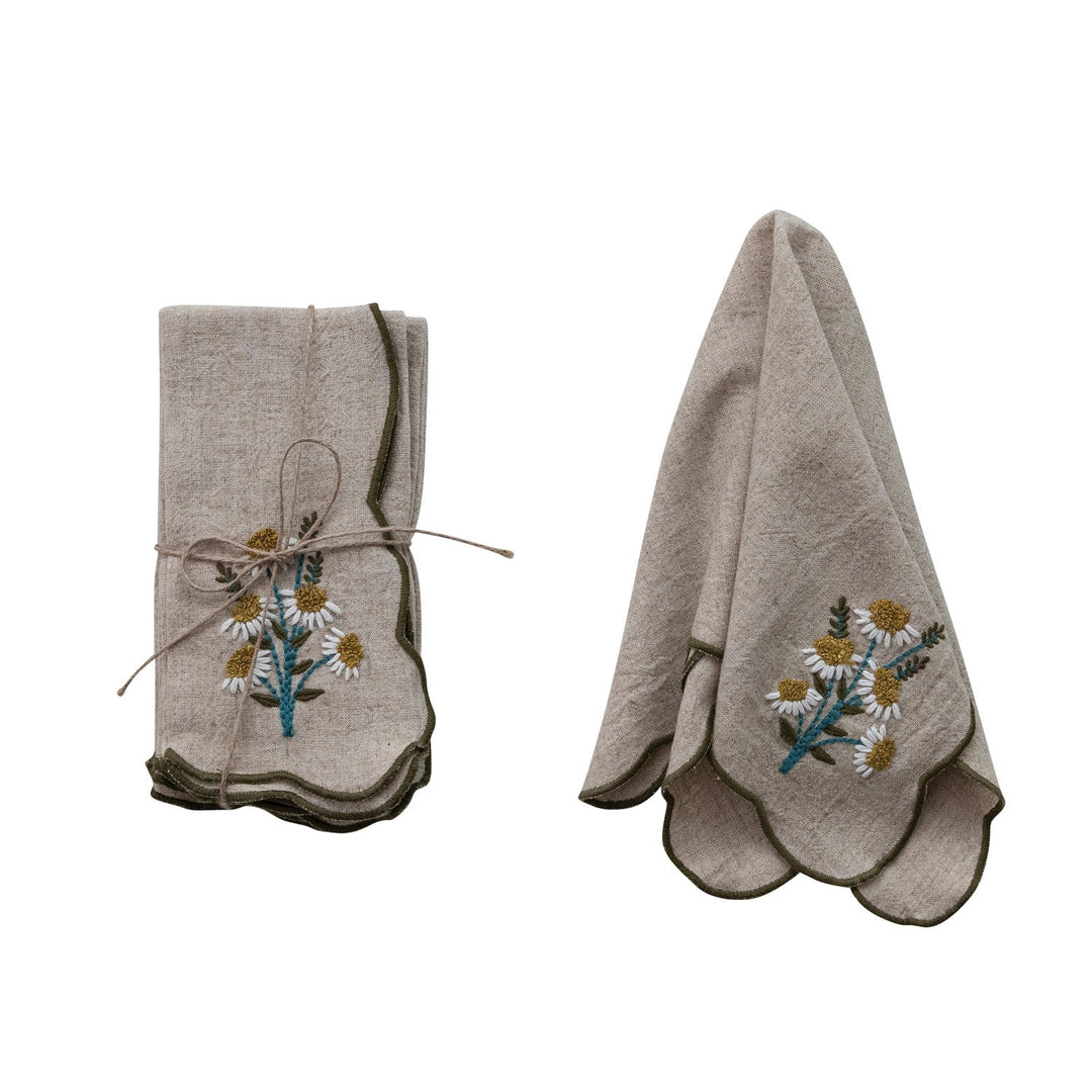 Scalloped Embroidered Daisy Napkins Set of 4 - napkin draped to show scallop and daisy embroidery - Creative Co-Op - What&