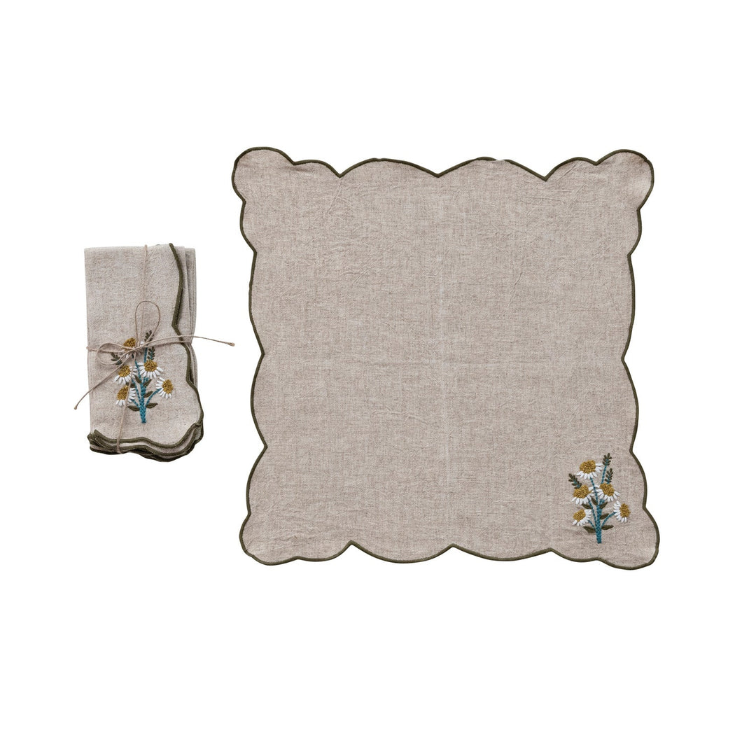 Scalloped Embroidered Daisy Napkins Set of 4 - folded natural napkin with embroidered daisy - Creative Co-Op - What&