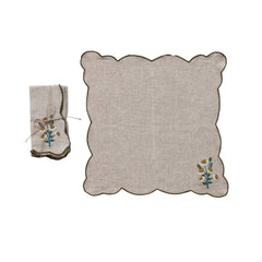 Scalloped Embroidered Daisy Napkins Set of 4 - folded natural napkin with embroidered daisy - Creative Co-Op - What&