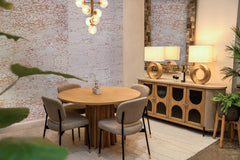 Sculpture Dining Table in Natural secondary lifestyle setting - round oak and concrete dining table by LH Imports - Whats New Furniture Portland OR