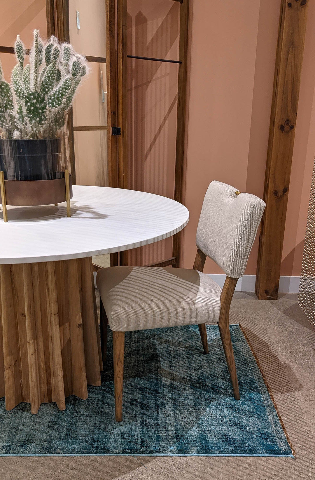 Sculpture Dining Table in White Concrete Wash close dining detail - round oak and concrete dining table by LH Imports - Whats New Furniture Portland OR