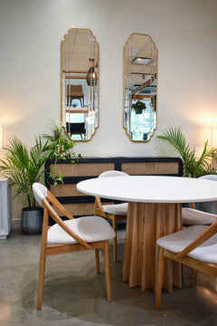 Sculpture Dining Table in White Concrete Wash showroom view - round oak and concrete dining table by LH Imports - Whats New Furniture Portland OR