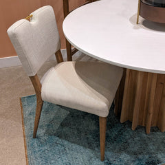 Sculpture Dining Table in White Concrete Wash table setting detail - round oak and concrete dining table by LH Imports - Whats New Furniture Portland OR