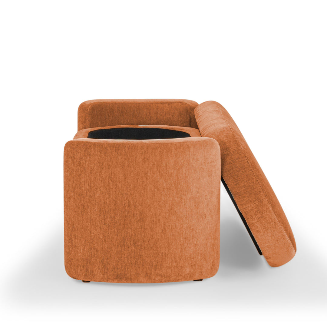Seneca Storage Bench in Canna Pumpkin corner detail - curved velvet storage bench private label - Whats New Furniture Portland OR