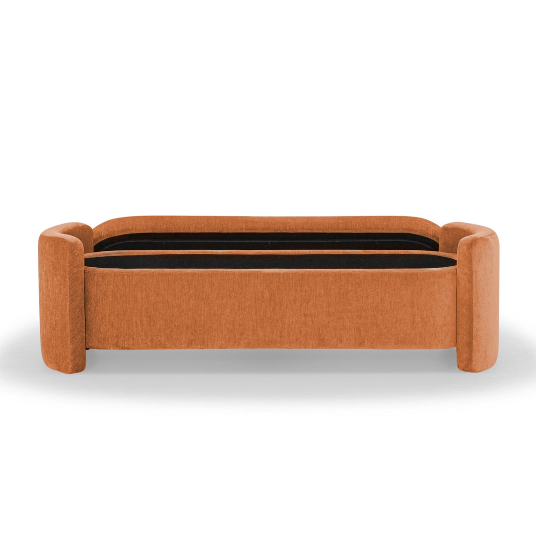 Seneca Storage Bench in Canna Pumpkin lifestyle setting - curved velvet storage bench private label - Whats New Furniture Portland OR