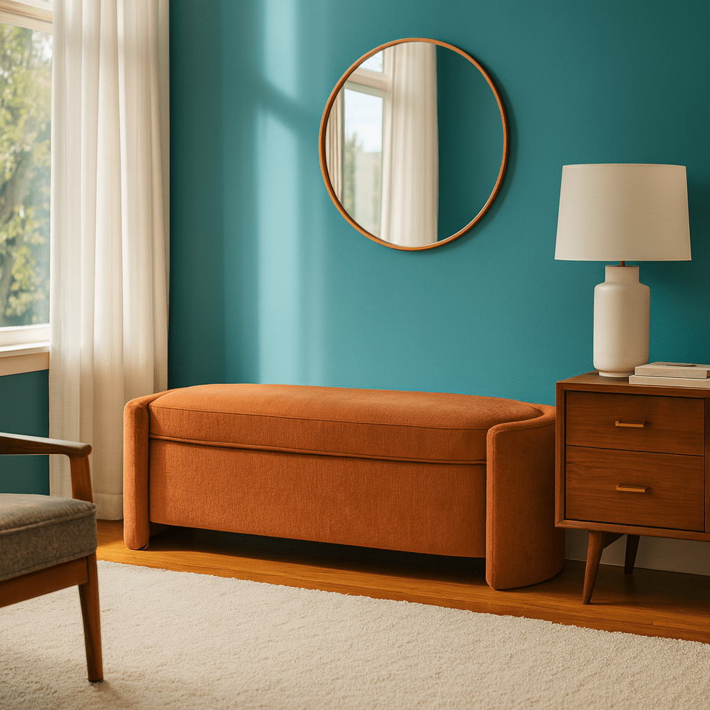 Seneca Storage Bench in Canna Pumpkin side view - curved velvet storage bench private label - Whats New Furniture Portland OR