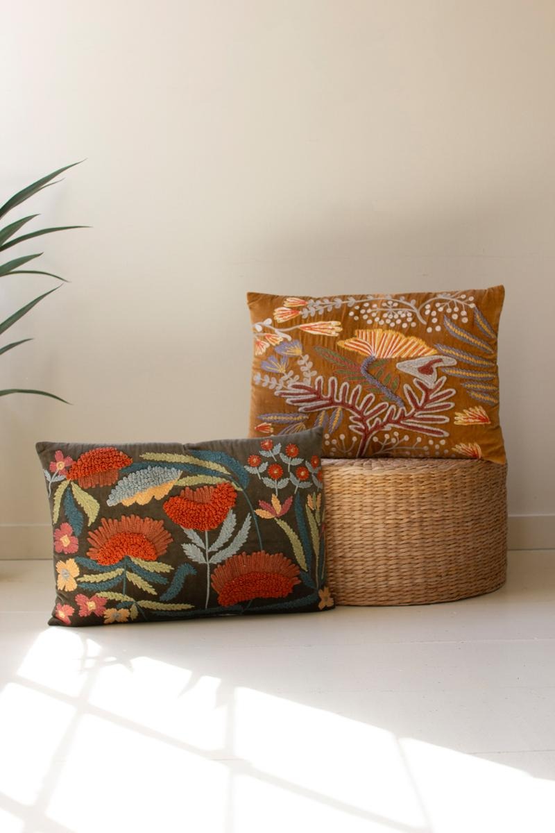 Set of 2 Embroidery Pillows with Flowers by Kalalou - product view