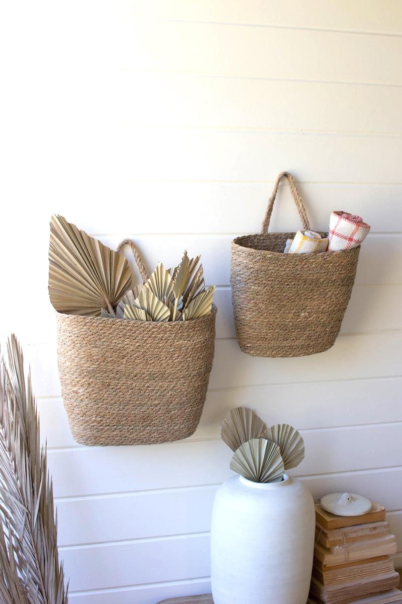 Set of 2 Tall Oval Woven Seagrass Wall Baskets by Kalalou - product view