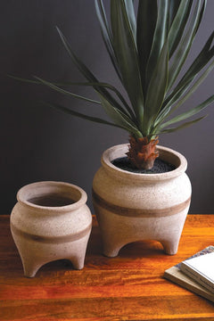 Set of 2 Terracotta Planters with Horizontal Brown Stripe by Kalalou - product view