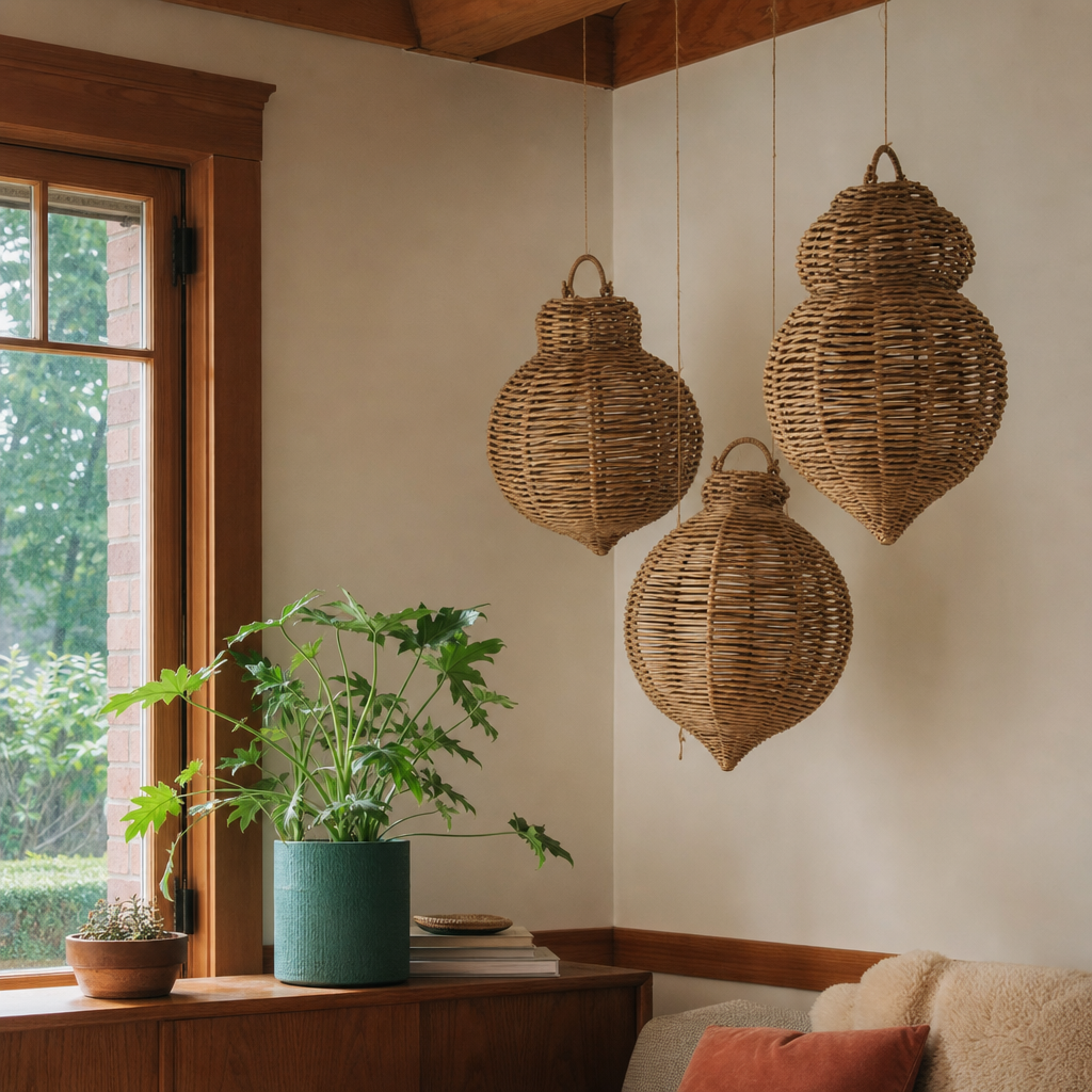 Set of Three Large Woven Seagrass and Iron Ornaments styled in a Portland home - home decor by Kalalou - Whats New Furniture Portland OR