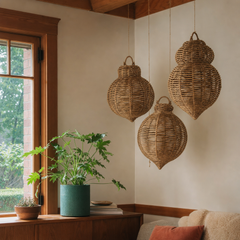 Set of Three Large Woven Seagrass and Iron Ornaments styled in a Portland home - home decor by Kalalou - Whats New Furniture Portland OR