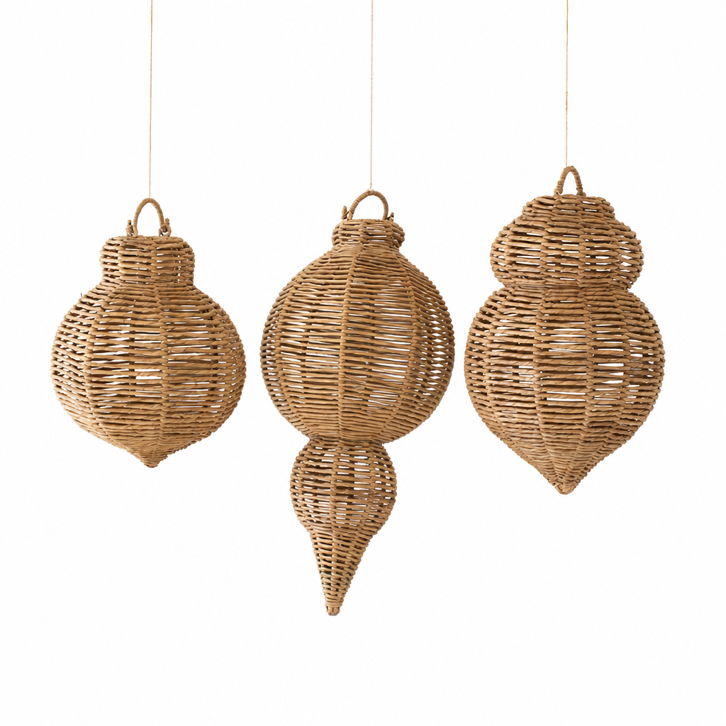 Set of Three Large Woven Seagrass and Iron Ornaments on a studio background - home decor by Kalalou - Whats New Furniture Portland OR