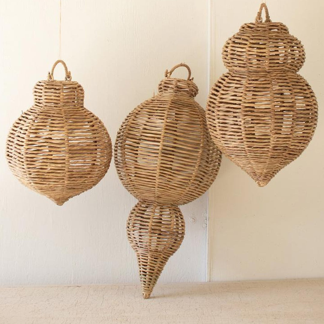 Set of Three Large Woven Seagrass and Iron Ornaments teardrop detail - home decor by Kalalou - Whats New Furniture Portland OR