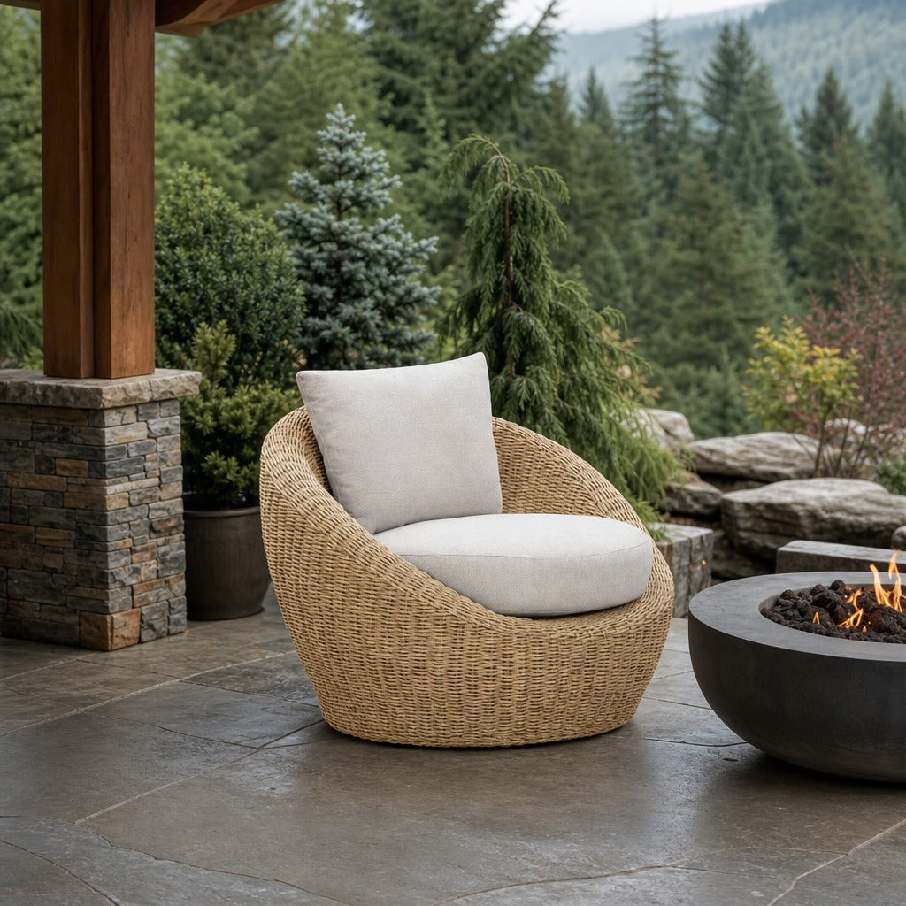 Siesta Outdoor Round Club Chair on a covered outdoor veranda with a low fire table nearby - What&