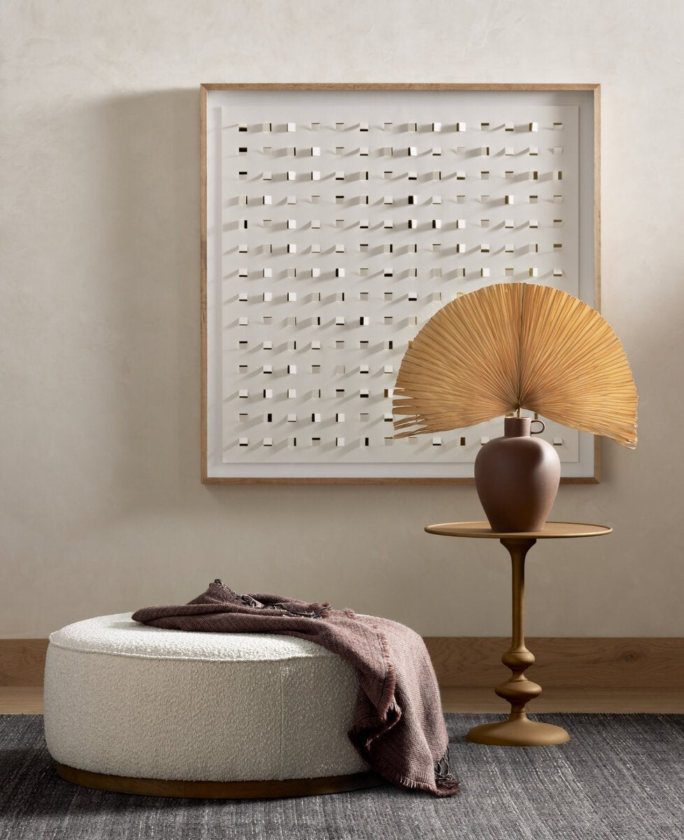 Sinclair Large Round Ottoman in Cream Boucle room setting - round ottoman by Four Hands - Whats New Furniture Portland OR