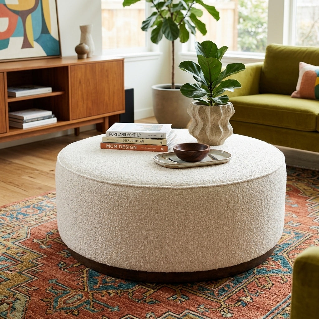 Sinclair Large Round Ottoman in Cream Boucle styled room setting - round ottoman by Four Hands - Whats New Furniture Portland OR