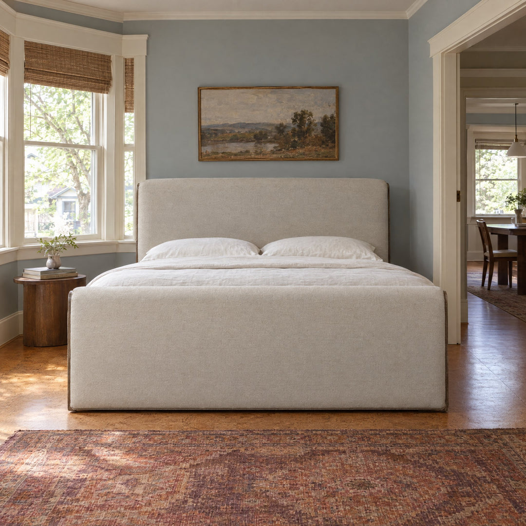 Sloane Bed in Crypton Wayfarer Snow / Amber Ash / Amber Ash Veneer / King styled in a Portland home - Whats New Furniture