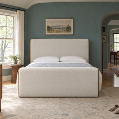 Sloane Bed in Crypton Wayfarer Snow / Amber Ash / Amber Ash Veneer / Queen styled in a Portland home - Whats New Furniture