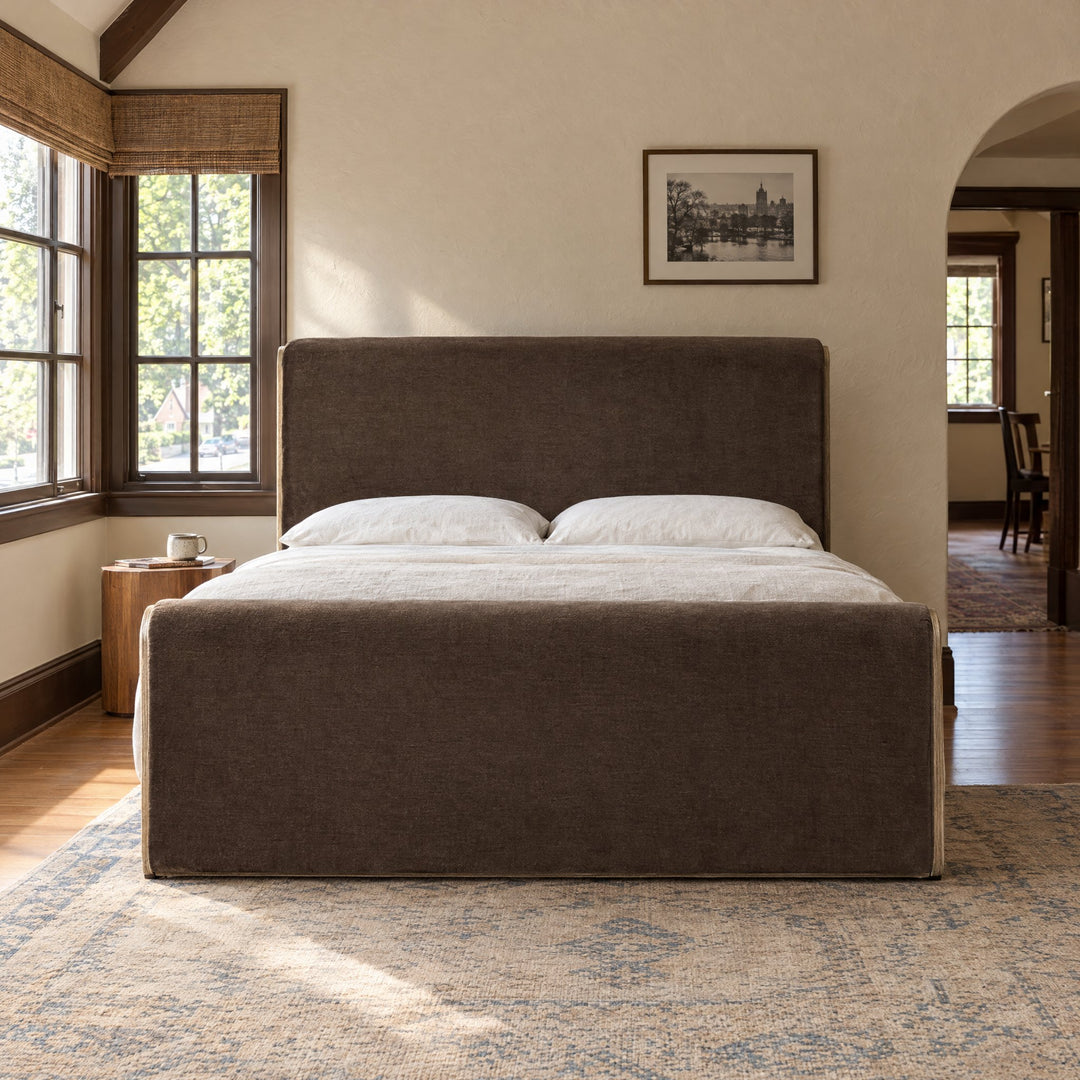 Sloane Bed in Surrey Cocoa / Amber Ash / Amber Ash Veneer / King styled in a Portland home - Whats New Furniture