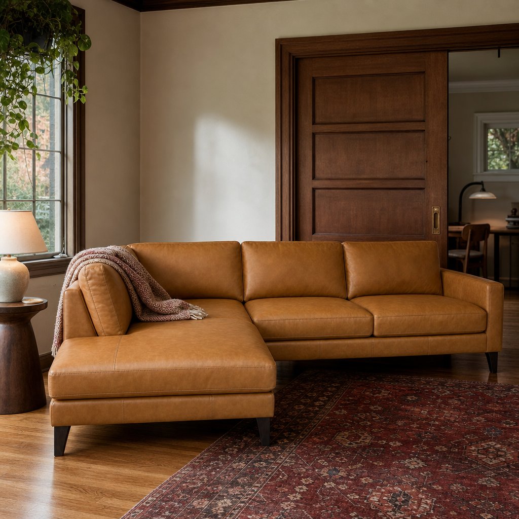Solado Top-Grain Leather Chaise Sectional in camel styled in a Portland Laurelhurst Tudor living room - What&