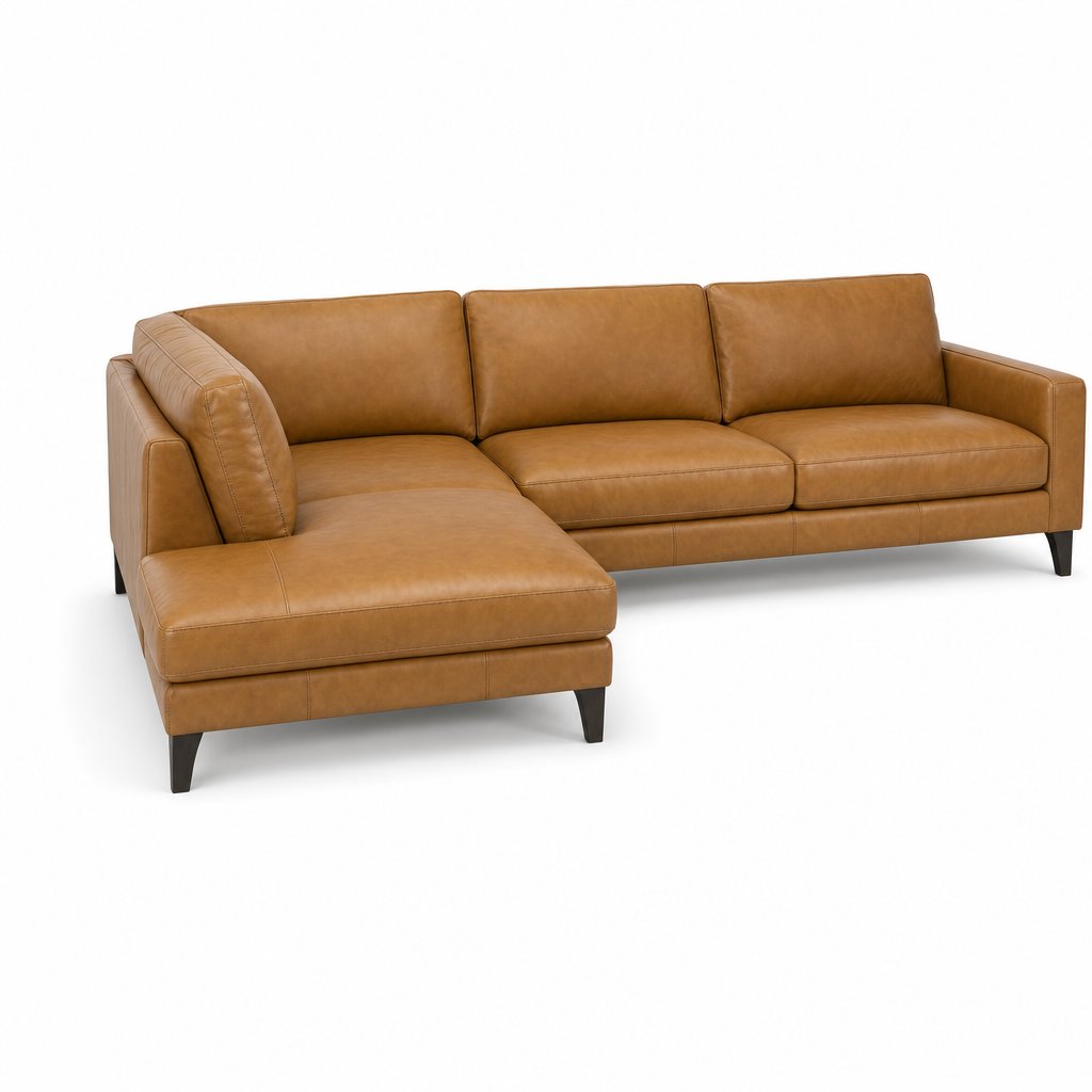 Solado camel top-grain leather sectional with left-facing open bumper chaise on white studio background - What&