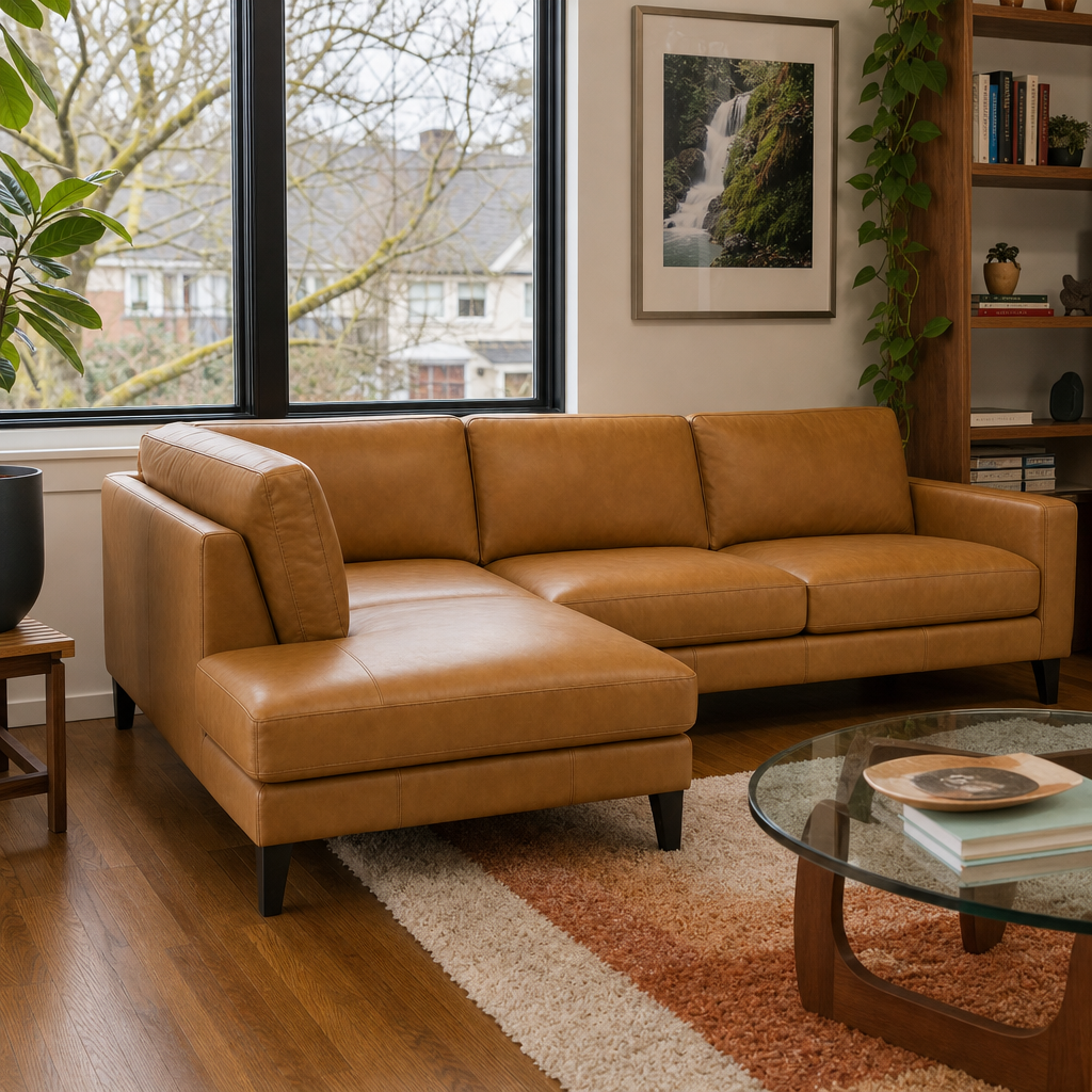 Anson Top-Grain Leather Chaise Sectional in Camel styled in a Portland home - Whats New Furniture