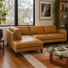 Anson Top-Grain Leather Chaise Sectional in Camel styled in a Portland home - Whats New Furniture