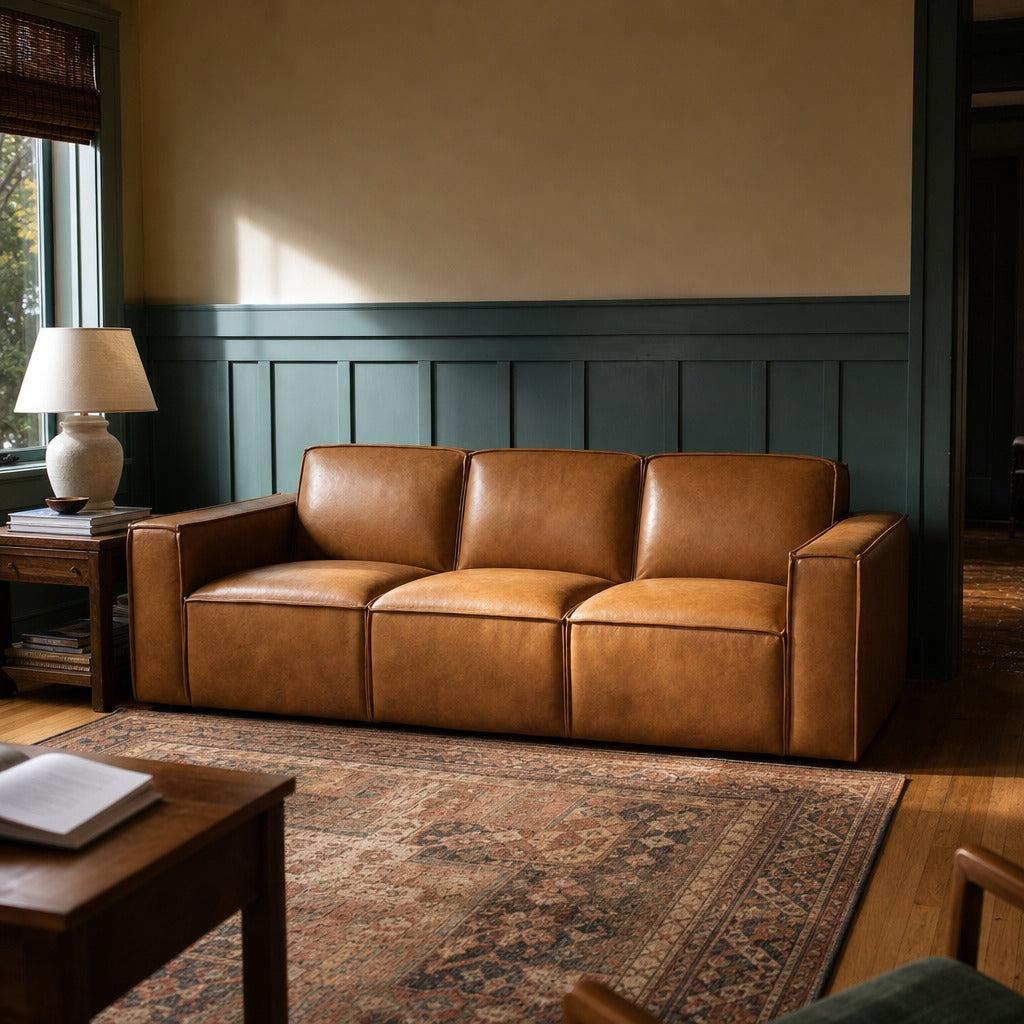 Solado Top-Grain Leather Sofa in camel styled in a Portland Hawthorne Craftsman living room - What&