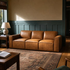 Solado Top-Grain Leather Sofa in camel styled in a Portland Hawthorne Craftsman living room - What&