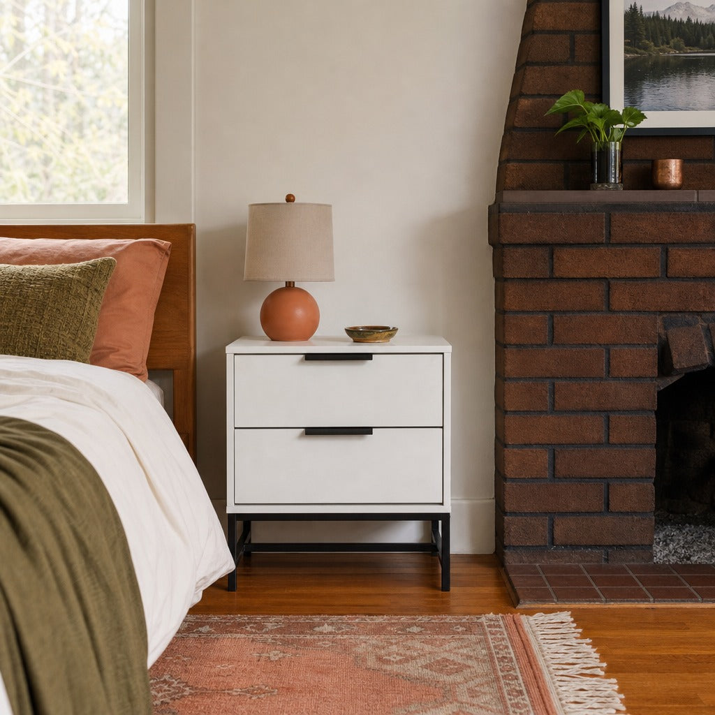 Sonora 2 Drawer Nightstand Bedside Table White styled in Portland Montavilla cottage living room - What&