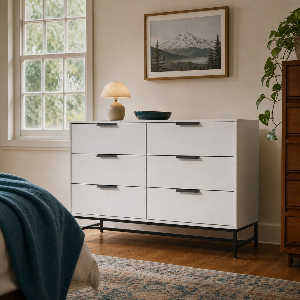 Sonora 6 Drawer Bedroom Dresser White styled in Portland Mt. Tabor mid-century daylight ranch living room - What&